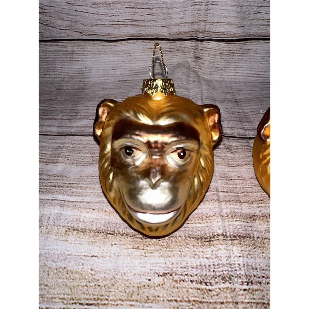 Set of 2 Monkey Head Glass Christmas Ornaments‎ Gold Safari Jungle Chimpanzee